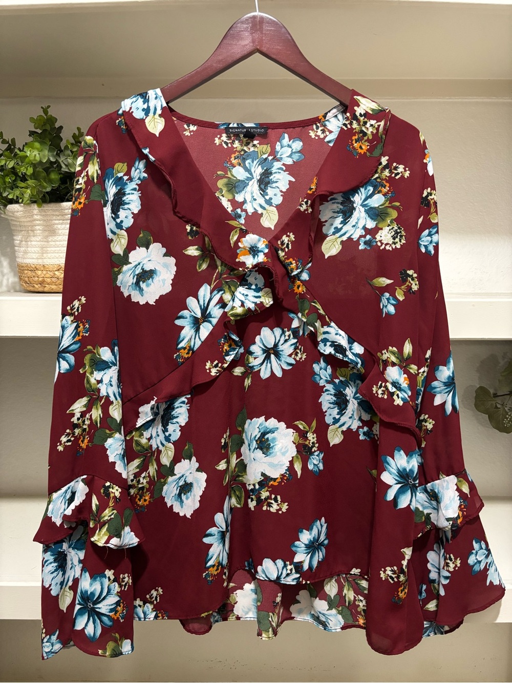 Signature Studio Burgundy Floral Ruffle V-Neck Blouse